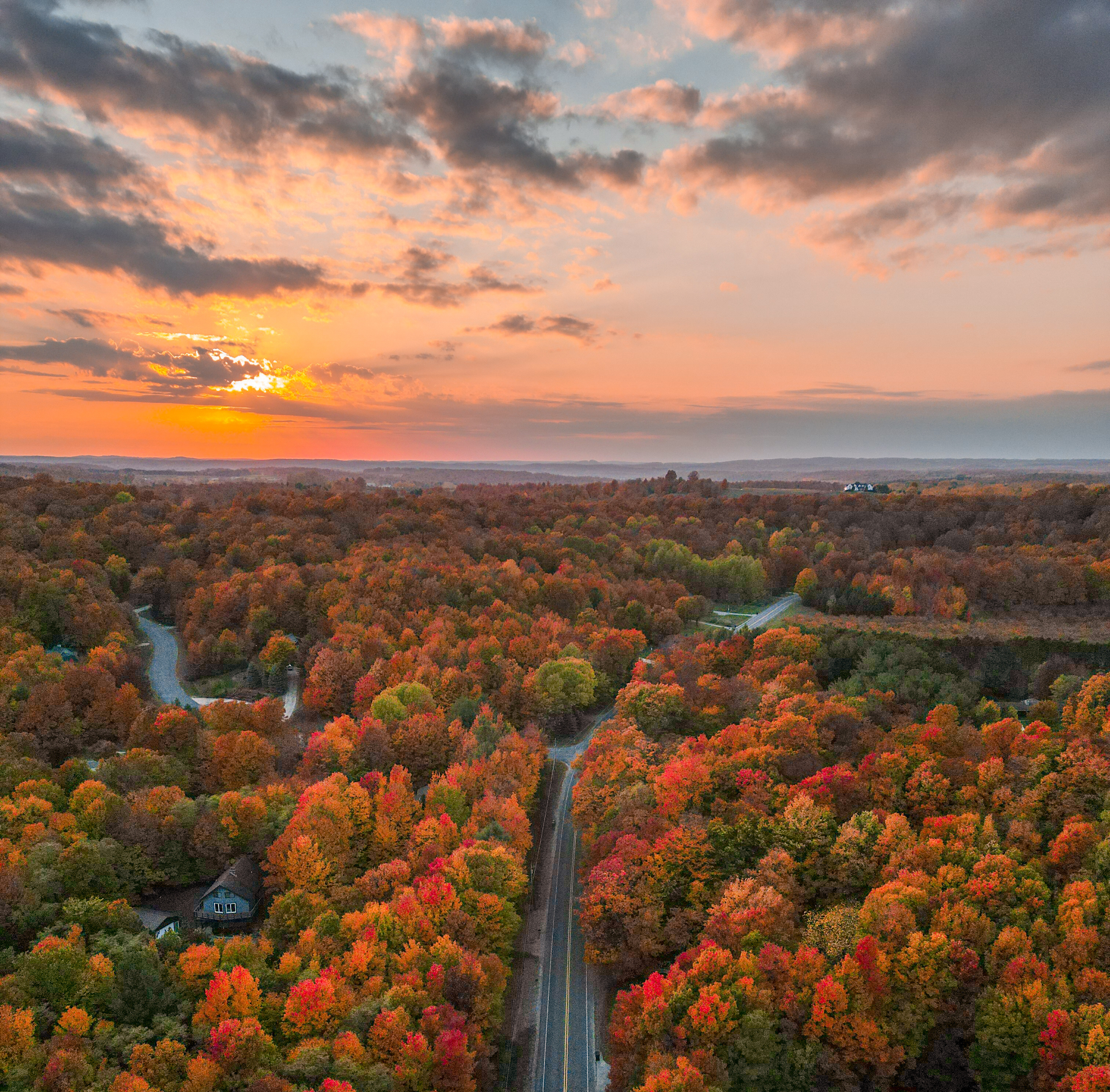 Aerial view of autumn dusky sky and trees