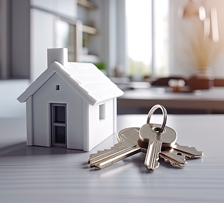 miniature home on a table with a set of keys